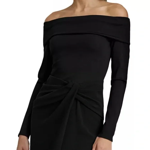 Lauren Ralph Lauren Off The Shoulder Long Sleeve Rib And‎ Crepe Gown Black 14 - Picture 3 of 9